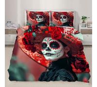 Skeletons Duvet Cover Set Mexican Day of the Dead Bedding Set Aztec Culture Printed Bedding Quilt Cover for Bedding Decro, Ultra Soft Microfiber Hidden Zipper Bed Cover (135×200cm)