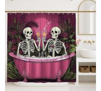 Skeletons in Bathtub Shower Curtain, Halloween Party Peach Black Floral Bathroom Decor, Fun Modern Art Waterproof Fabric Shower Curtain with Hooks 62x72 Inch