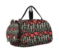 Skeletons Red Hearts Black Background Duffel Gym Bags with Shoes Compartment Large Capacity Sport Gym Tote Bags for School Practice, Sports, Travel