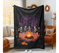 Skeletons Throw Blanket, Halloween Spooky Pumpkins Fire Halloween Black Plush Blanket Lightweight Compact Aesthetic for Couch Sofa Bed Lap Office Chair Desk 40x60 Inch