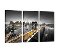 SkenoArt 3 Piece New York Night View Canvas Prints Manhattan Cityscape Picture Brooklyn Bridge Wall Art Black White Yellow City Painting Modern Art Work for Living Room Home Decor 16"x32"x3 Panels