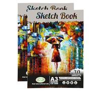 Sketch Book A3, Pack of 2, 60 Pages (30 Sheets), 130gsm Thick, Stable Bound & White Cartridge Paper Sketchbook Drawing Book Perfect for Mixed Media Use, for Professional Artists & Illustrators