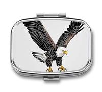 Sketch of Bald Eagle Diving Pill Organizer Container for Travel, Metal 2 Compartment Square Pill Case, Portable Mini Medicine Box Pill Storage Case for Purse Pocket, Supplement Storage