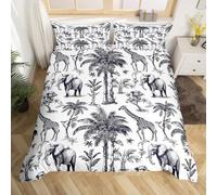 Sketch Palm Trees Duvet Cover King Size 3 Pcs,Jungle Giraffe Elephant Wild Animals Bedding Set for Kids Teens Adults,Natural Tropical Plants Decor Comforter Cover with 2 Pillowcases,No Comforter