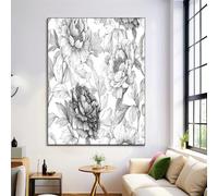Sketch Peony Canvas Painting, Modern Plants Wall Art, 20X28In - Black And White, Unframed, Poster Canvas Painting - Living Room Bedroom Kitchen Office Dining Room Decorative
