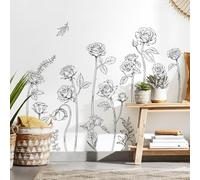 Sketch Rose Floral Wall Decals, Vintage Black Simple Flowers Wall Stickers Waterproof Peel and Stick Wall Decal Self Adhesive Wall Art Sticker for Home Aisle Bedroom Office Sofa Backdrop Wall Decor