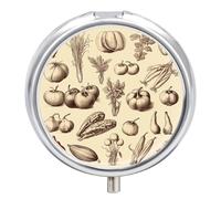 Sketch Style Vegetables Metal Pill Organizer, 3 Compartment Waterproof Pill Case with Mirror for Purse Pocket Bag, Daily Medicine Vitamin Holder, Portable Travel Med Container(Round)