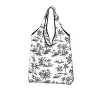 Sketch Tropical Landscape Print Reusable Grocery Bags Shopping Bags - Foldable Grocery Bag Tote Bag with Handles, Black, 3 PCS