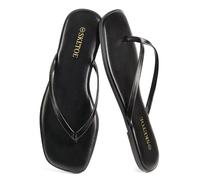 SKETOE Flip Flops for Women Square Toe Flat Sandals for Women Comfortable Toe Sandals Vegan Leather Flip Flops Lightweight Summer Sandals Beach Sandals Elegant Holiday Essentials, black, 6 UK