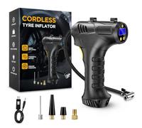 Skeufy Cordless Tyre Inflator Air Compressor, 150PSI Portable Car Tyre Pump with 12V USB Rechargeable Battery, Handheld Electric Digital Air Pump with LED Light, 3 Nozzles for Car, Motorcycle, Bicycle