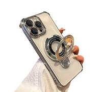 SKFGNX Plating Wireless Charge Case for Iphone 16 15 14 13 12 11 Pro Max Plus Clear Acrylic Magnetic Stand Holder Cover(For iPhone 15/silver)