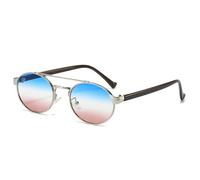 SKFGNX Retro Metal Double Bridges Oval Sunglasses Women Fashion Gradient Shades UV400 Men Punk Round Sun Glasses,Silver blue pink,1