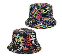 SKHAOVS 2 Pcs Unisex Reversible Retro 80s Bucket Hats, Foldable Beach Sun Fisherman & Disco Party Hats, Outdoor Travel Cap