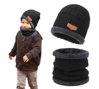 SKHAOVS 2 Pieces Black Kids Winter Hat Scarf Set Winter Warm Knitted Beanie Arctic Velvet Lined Scarf Children Knitted Cap Scarf Elastic and Comfortable for Children Aged 3-10 Boys Girls (Black)