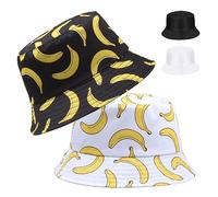 SKHAOVS 2 Pieces Fashion Beach Sun Cap Funny Disco Bucket Hats Fruit Print Reversible Retro 80s Bucket Hat Women Men Double-Side-Wear Outdoor Fisherman Hat for Hip Hop Party Summer Travel (Banana)