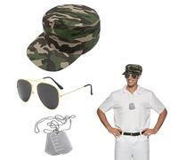 SKHAOVS 3 Pieces Army Fancy Dress Set Solider Aviators Military Cosplay Pilot Costume with Camouflage Hat Sunglasses Dog Tag for Adults Cosplay Dress up Halloween Theme Party Costume Role Play(3PCS)