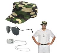 SKHAOVS 3 Pieces Army Fancy Dress Set Solider Aviators Military Cosplay Pilot Costume with Camouflage Hat Sunglasses Dog Tag for Adults Cosplay Dress up Halloween Theme Party Costume Role Play (3pcs)