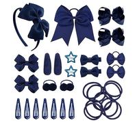 SKHAOVS 33 Pieces Blue Girls School Hair Accessories Kit Girls Hair Accessories Set Ribbon Style Bow Bobbles Headband Large Cheer Bow Hair Accessories for Girl Teen Toddler Birthday Gift (Blue)