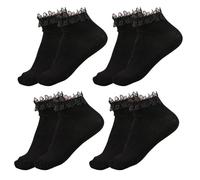 SKHAOVS 4 Pairs Black Ruffle Socks - Women's Ankle Socks with Soft Lace, Ballet Style, Cute & Sweet Princess Design
