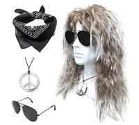 SKHAOVS 4 Pieces Rocker Wig Set 60/70/80s Disco Wig Costume Accessories Hippie Wig Hippie Costume Curly Wig Sunglasses Bandana Necklace Disco Costume for Theme Party Halloween Stage (White Brown)