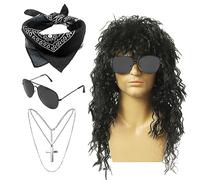 SKHAOVS 4Pcs Rocker Costume Set 60s 70s 80s Disco Hippie Wig for Adults With Sunglasses, Bandana, Cross Necklace - Theme Party Halloween Show (Black)