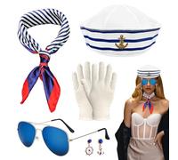 SKHAOVS 5 PCS Striped Sailor Nautical Outfit Set for Women,Sailor Hat Sunglasses Square Scarf White Gloves Ear Accessories,Sailor Outfit Navy Nautical for Yacht Party Halloween Cosplay (5 PCS)