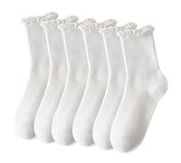 SKHAOVS 6 Pairs White Frilly Ankle Socks Women & Girls, Modern Solid Color Knit Socks, Comfortable Breathable, Trainer Liner Socks for Women & Girls Size 5-8