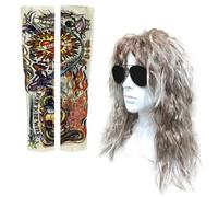 SKHAOVS 70s 80s Heavy Metal Disco Wig Tattoos Costume Set Rock Star Heavy Metal, Glam Rock Fancy Dress Wig, Rocker Fancy Dress Accessories Long Curly Hat White Rocker Costume Wig (White)