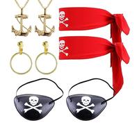 SKHAOVS 8 Pcs Pirate Costume Accessories Set - Pirate Eye Patches, Bandanas, Gold Hoop Earrings, Necklace for Caribbean Party, Halloween, Carnival, Masquerade, Cosplay Dress