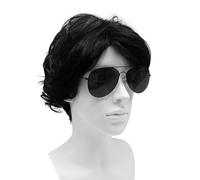 SKHAOVS Mens Wigs Black Short Slanting Bangs Short Hair with Sunglasses,Black Curly Wig,Wig Wavy Fluffy Style for Men 70s 80s Cosplay Wig Rock Hippy Star Halloween Costume Daily Costume (Black)