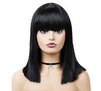 SKHAOVS' Straight Black Wigs with Bangs - Short Synthetic Hair Bobs for Cosplay, Parties, and Halloween; Shoulder Length