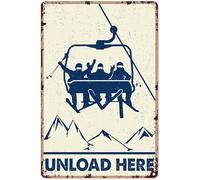 Ski Art Wall Decor Retro Skiing Funny Unload Here Vertical Poster,Ski Decorations For Party Metal Sign 12x8 inch, 12 x 8 in