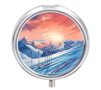 Ski Board Pill Box 3 Compartment Travel Pill Organizer 3 Times A Day Cute Mini Pill Case for Purse & Pocket Portable Metal Medicine Box with Mirror Round Daily Medicine Vitamin Container