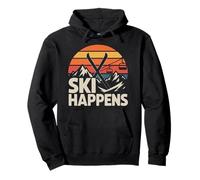 Ski Happens Funny Retro Skiing Mountain Sunset Pullover Hoodie