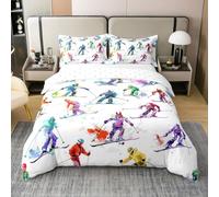 Ski Kids Duvet Cover 100% Cotton Queen Size,Winter Sport Game Skiing Bedding Set,Modern Fashion Girls Boys Room Decor,Watercolor Quilt Cover,2 Pillowcases(No Comforter)