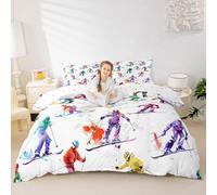 Ski Kids Duvet Cover Set Double,Winter Sport Game Skiing Girls Boys Bedding Set,Modern Fashion Room Decor,Watercolor Quilt Cover,2 Pillowcases(No Comforter)