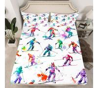Ski Kids Fitted Sheet Single Size,Winter Sport Game Skiing Bedding Set,Modern Fashion Girls Boys Room Decor,WatercolorBed Sheet,1 Pillowcase(No Flat)