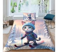 Ski Kitten 3D Print Duvet Cover Bedding Soft Microfiber Cute Animals Comforter Cover with Zipper Closure for Kids Teens Adults 2-piece Quilt Cover with Pillowcases Single(135x200cm)