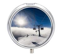 Ski Lift at Sunshine Pill Box Cute Round Small Pill Organizer Portable with 3 Compartments Travel Metal Pill Case for Pocket Or Purse Privacy Protecting Medicine Box