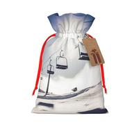 Ski Lift at Sunshine Printed Christmas Drawstring Bags,M Reusable Xmas Gift Storage Bags, Red Ribbon