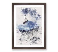 Ski Lift in The Alps Watercolour Framed Print | A2 Walnut Framed Wall Art | Ready to Hang | Modern Historical Picture | Living Room Bedroom Lounge Office