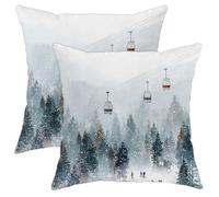 Ski Lift Throw Pillow Covers Set of 2, Winter Scenic Snow Pine Trees Winter Blue with Hidden Zipper Cushion Covers Pillow for Home Bedroom Living Room Sofa Couch Decor 12x12 Inch