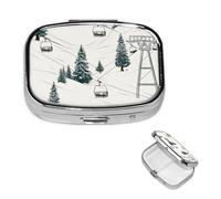 Ski Lift with Fir Tree Pill Case with Mirror Retro 2 Compartment Pill Box Small Pill Organizer for Purse or Pocket Decorative Metal Medicine Vitamin Organizer Unique Gifts