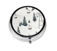 Ski Lift with Fir Tree Pill Case with Mirror Retro 3 Compartment Pill Box Small Pill Organizer for Purse or Pocket Decorative Metal Medicine Vitamin Organizer Unique Gifts