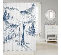 Ski Sports Shower Curtain Boys Teens Girls Winter Sports Ski Theme Bath Curtain White Snow Mountain Landscape Bathtub Shower Curtain Plants Cedar Decor Waterproof Cloth Fabric with Hooks,72" W x 72" L