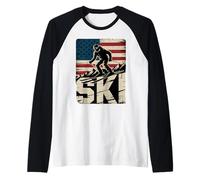 Ski USA American Flag Winter Sport Skier Skiing Raglan Baseball Tee