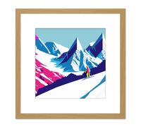 Skier Ski Aspen France Switzerland Snowy Snow Mountain Landscape Vibrant Blue Pink Winter Sport Square Wooden Framed Wall Art Print Picture 8X8 Inch Artery8 Light Oak One Size