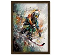 Skier Skiing Winter Sport Paint Splat Painting Artwork Framed Wall Art Print A4 Artery8 Brown One Size