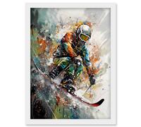 Skier Skiing Winter Sport Paint Splat Painting Artwork Framed Wall Art Print A4 Artery8 White One Size