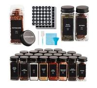 Skiileor 25 Pcs Spice Jars with Label- Glass Spice Jars with Black Metal Caps,Shaker Lids, Funnel, Chalk Pen, Brush,Cleaning Cloth 4oz Seasoning Containers Bottles for Spice Rack, Cabinet, Drawer